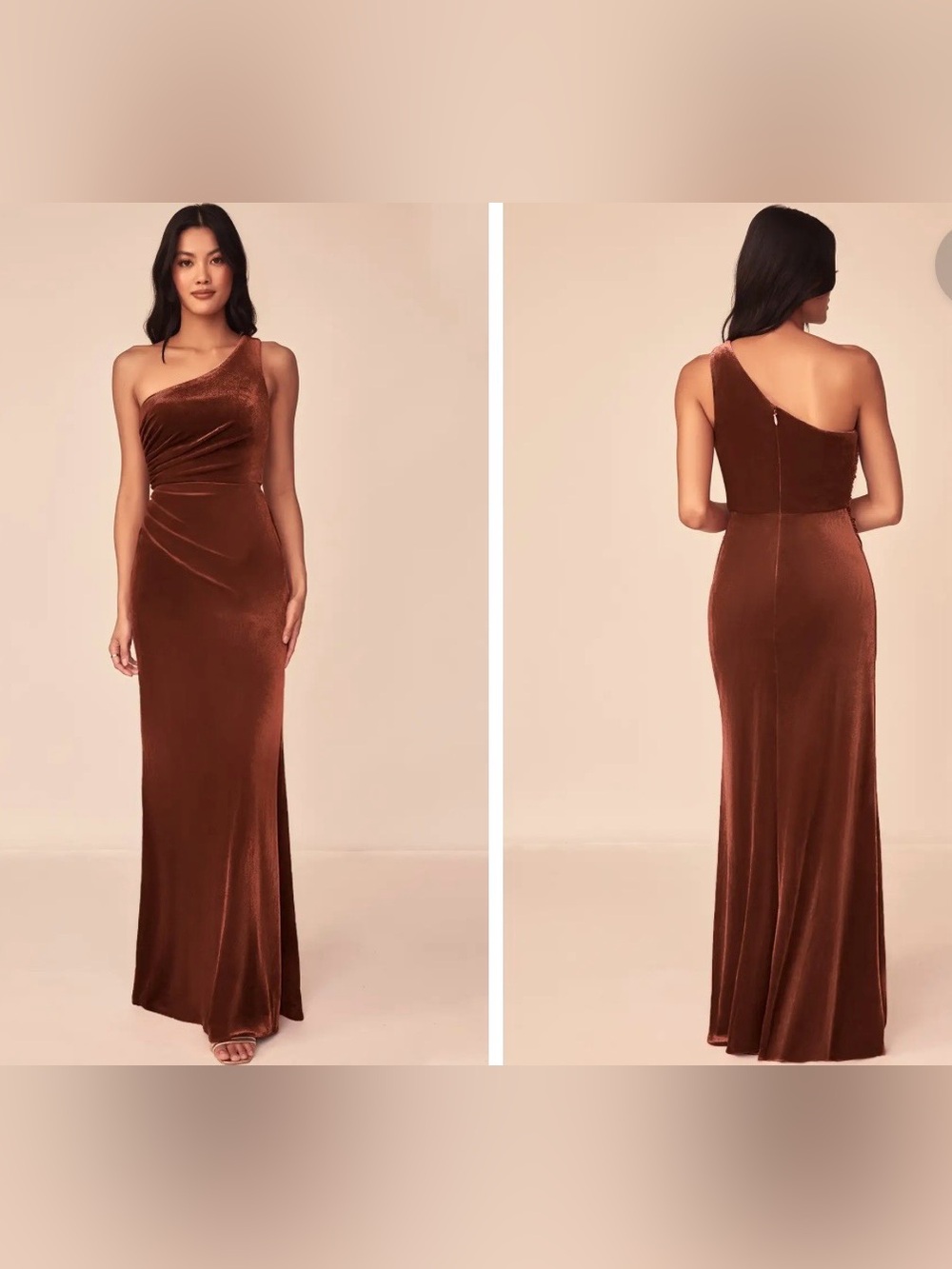 New Azazie Argan One-Shoulder Velvet Gown Terracotta NWT Bridesmaid size 12